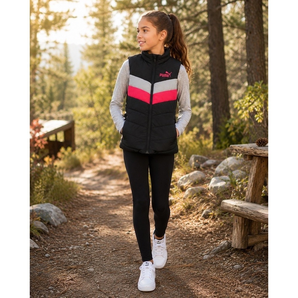 Puma Girls Puffer Vest Size S Black Pink Gray Full Zip Lightweight